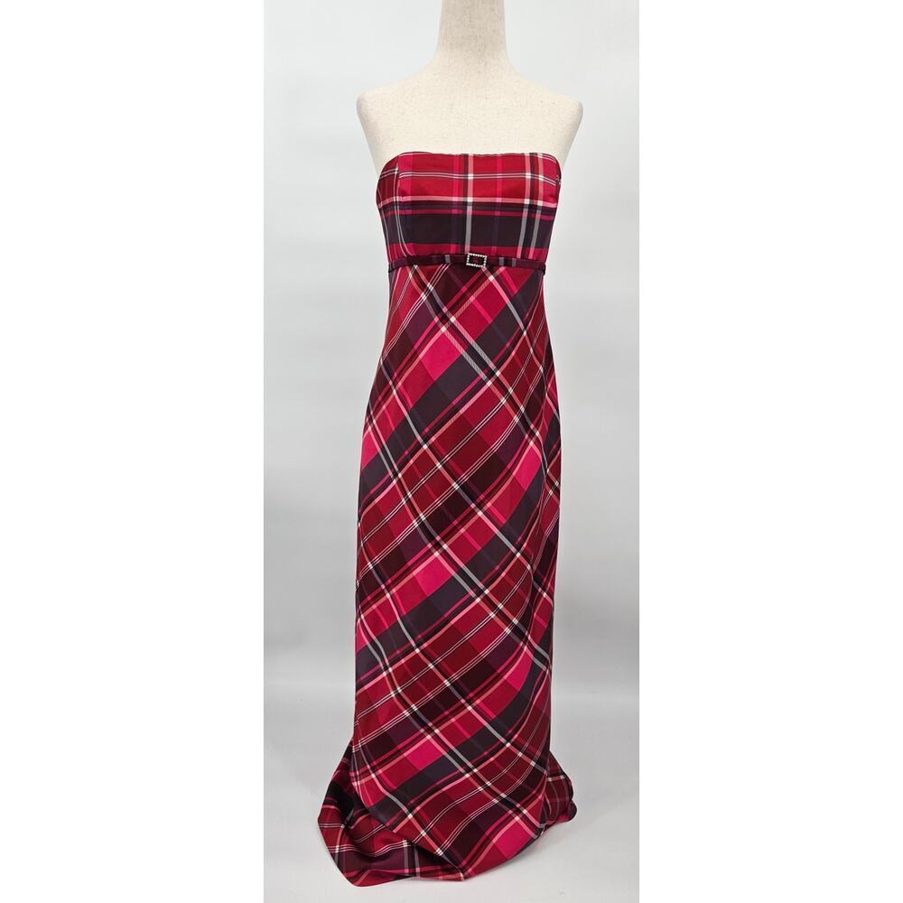 Dessy Creations Women's Size 8 Pink & Red Plaid Strapless Prom Dress